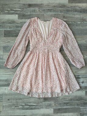 Baevely pink floral deep-V long sleeve dress lined cottagecore size medium I13